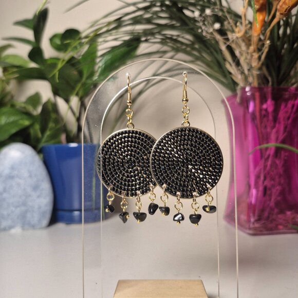Upcycled Black & Gold Hoops w/ Black Agate and 18K Fishhook Earrings - Picture 5 of 5